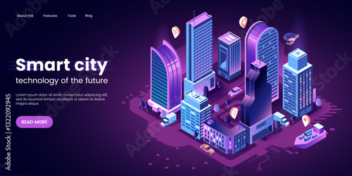 Isometric smart city vector illustration. Modern night city with glowing skyscrapers in neon colors. Futuristic town connected to the Internet.