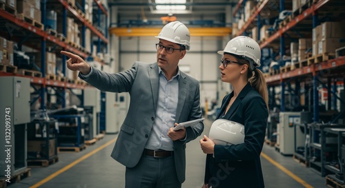 Business colleagues in hard hats discussing inventory in warehouse