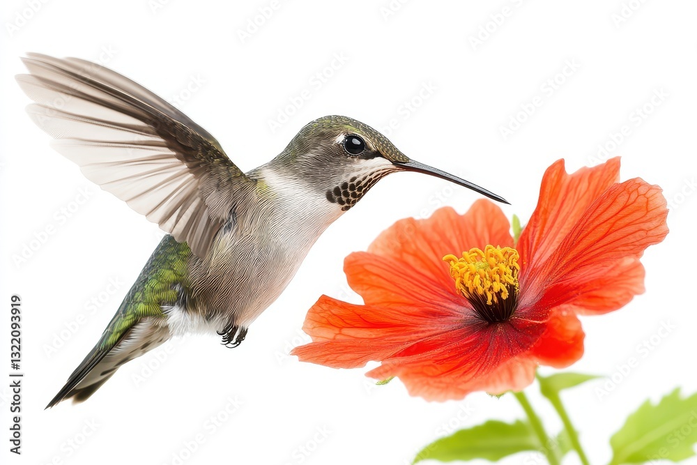 Fototapeta premium Hummingbird with Colorful Flower Against Bright White Background