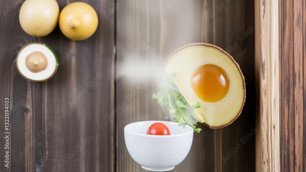 Levitation Food Photography Egg, Avocado, and Tomato in a White Bowl with Wooden Background Levitation Food Photography Egg, Avocado, and Tomato in a White Bowl with Wooden Background