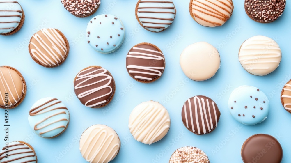 Flat-lay of holiday cookies arranged in creative patterns, colorful and cheerful festive designs Flat-lay of holiday cookies arranged in creative patterns, colorful and cheerful festive designs