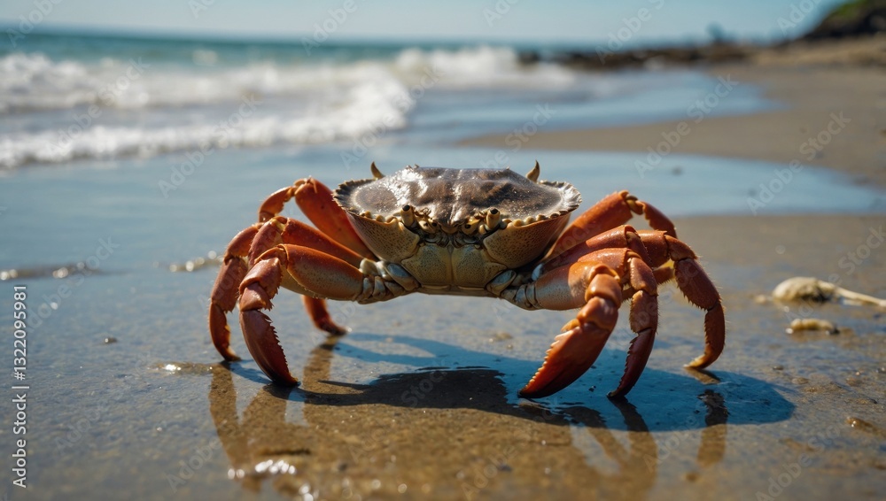 Close-up of a crab’s detailed shell patterns, blending with the sandy beach environment Close-up of a crab’s detailed shell patterns, blending with the sandy beach environment