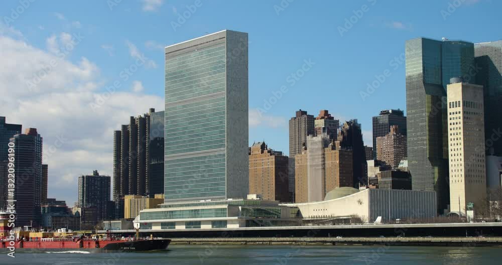 Barge Passing United Nations Headquarters in New York City