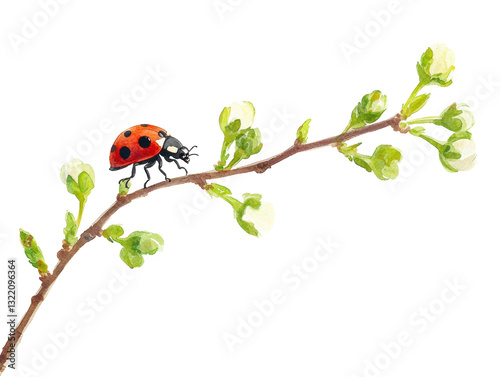 Ladybug exploring a blossoming branch in springtime on transportation background