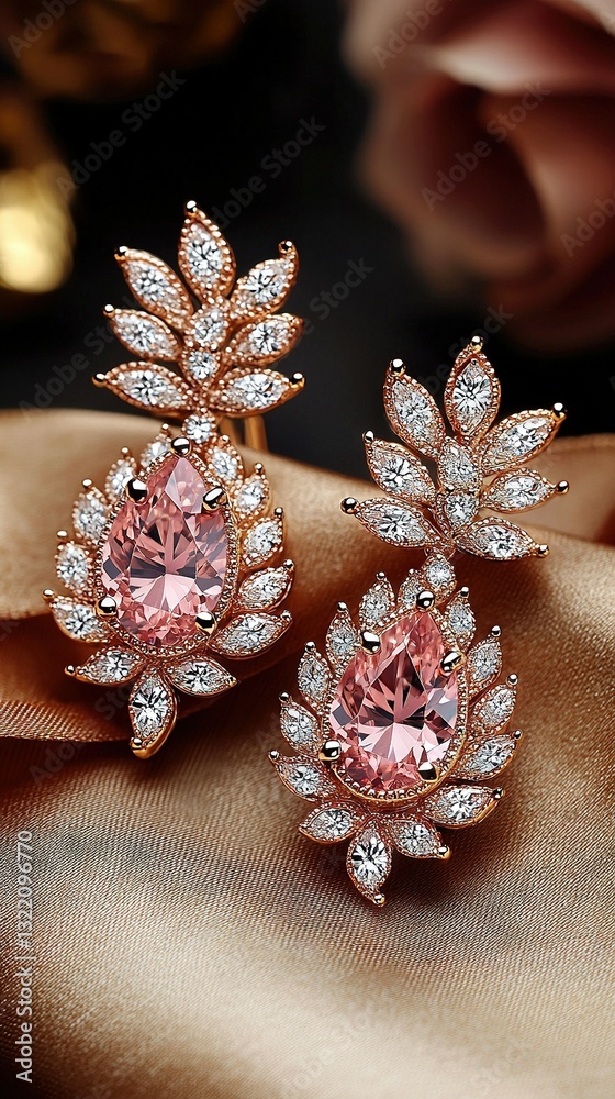 Fototapeta premium A pair of pink diamond earrings lay atop a gold cloth, against a backdrop of a beautiful rose