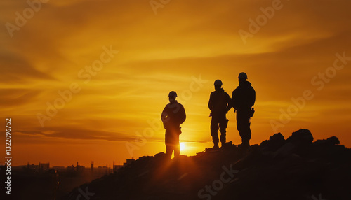 Three construction workers stand on a rocky surface, silhouetted by a brilliant sunset. They are overseeing a construction site, surrounded by an urban skyline