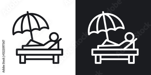 Beach chair with umbrella icon set in black and white stroke lines