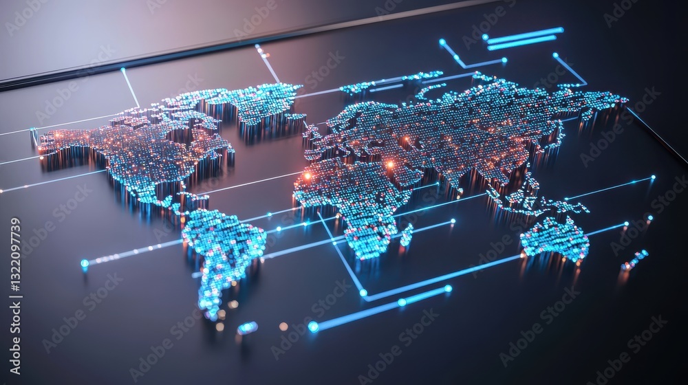 Fototapeta premium A 3D render of a digital world map with glowing data points, symbolizing the worldwide exchange and tracking of information.