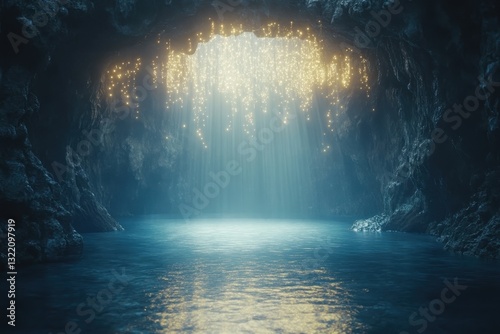 Enchanted Cave with Glowing Lights and Serene Water Reflections