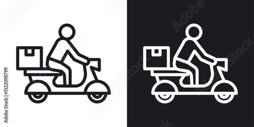 Delivery man riding motorcycle icon set in black and white stroke lines