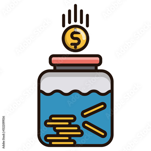 A Golden Coin Drops Into A Full Glass Jar Overflowing With Savings Symbolizing Financial Growth And Security In A Simple, Cheerful Illustration Style