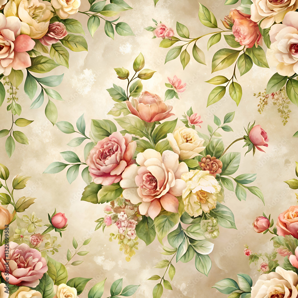 Fototapeta A vintage floral pattern with delicate roses on a beige background.