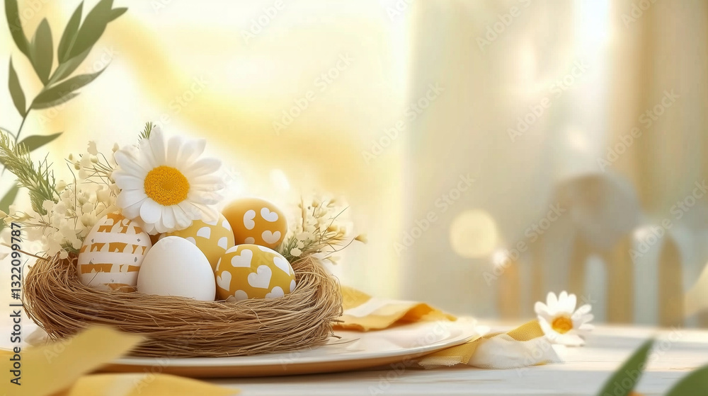 Easter eggs in delicate nest with spring flowers on a table in a cozy kitchen in a soft yellow color with a place for copy. Easter card on soft yellow background copy space. Easter background concept Easter eggs in delicate nest with spring flowers on a table in a cozy kitchen in a soft yellow color with a place for copy. Easter card on soft yellow background copy space. Easter background concept