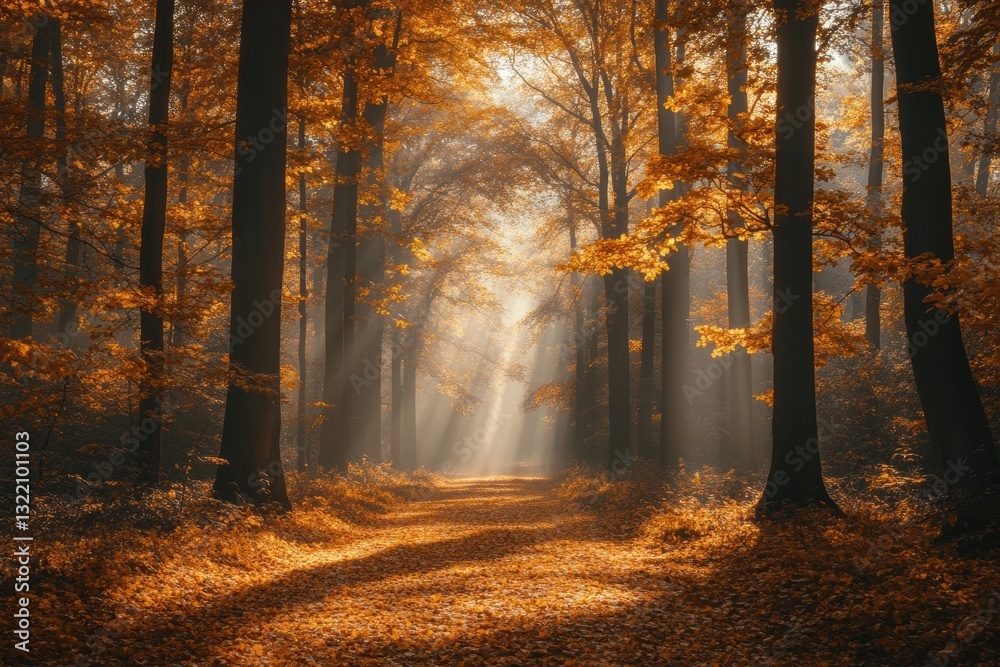 Obraz premium Enchanted Forest Pathway Illuminated by Golden Autumn Light
