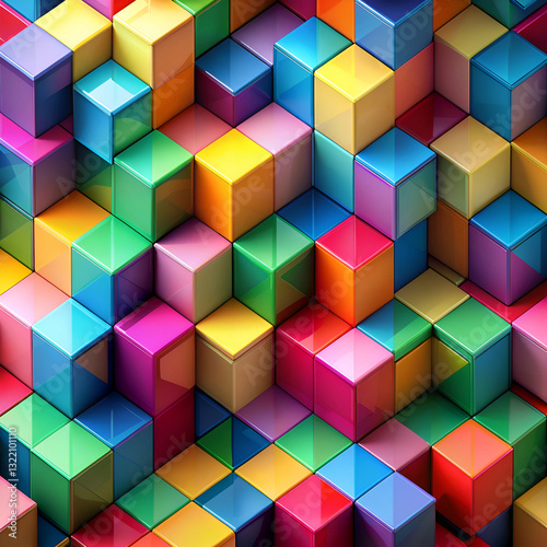 A vibrant pattern of colorful cubes creates an abstract background.