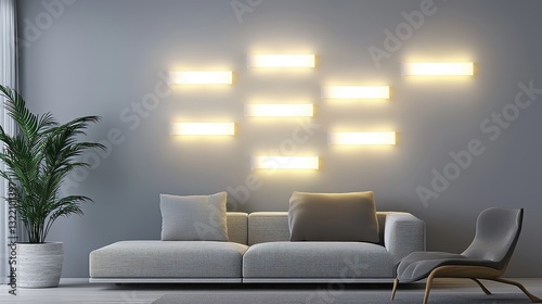 A series of LED strip lights on a wall, casting soft, ambient light in a modern living room, enhancing the room's design.