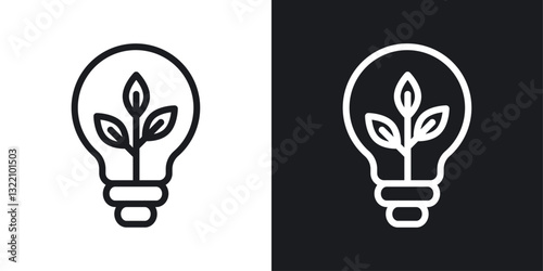Lightbulb with leaf icon set in black and white stroke lines
