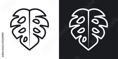 Monstera deliciosa plant leaf icon set in black and white stroke lines