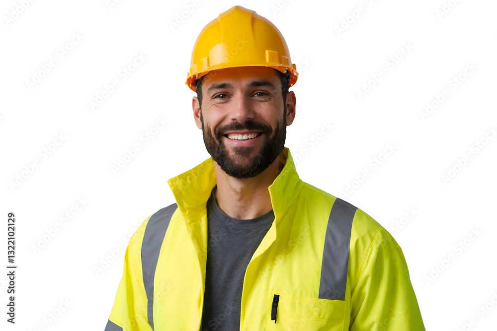 Smiling construction worker wearing a yellow reflective jacket and hard hat, isolated on transparent background Smiling construction worker wearing a yellow reflective jacket and hard hat, isolated on transparent background
