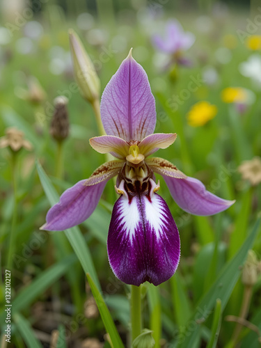 Bee Orchid (Ophrys apifera) flowering in a meadow with one flower