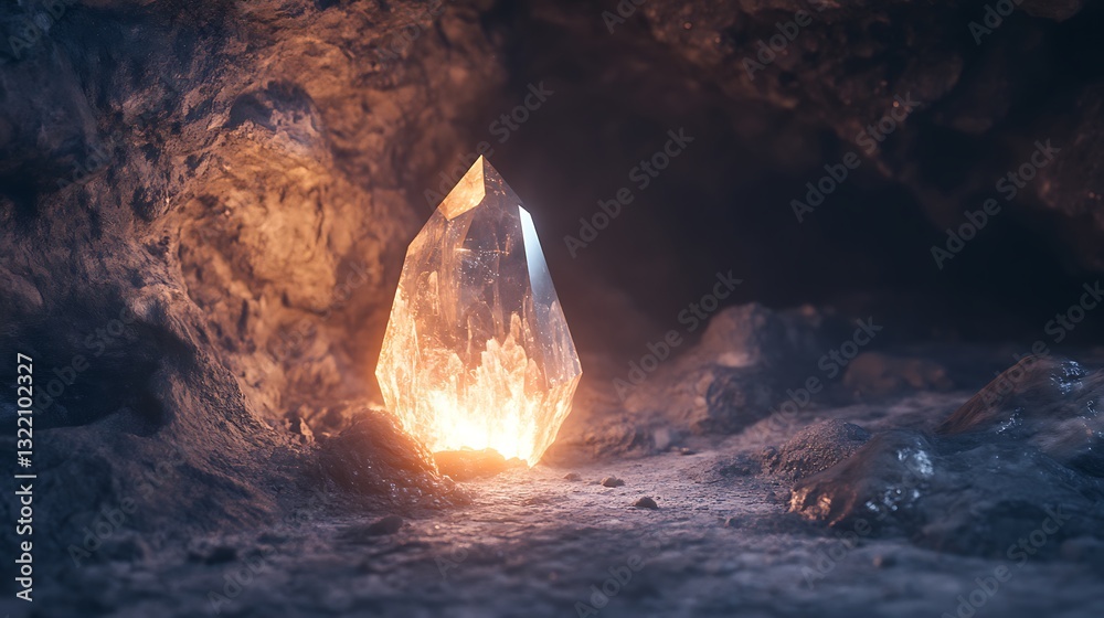 Fototapeta premium A glowing crystal embedded in a rock face, radiating soft light in a dim cave