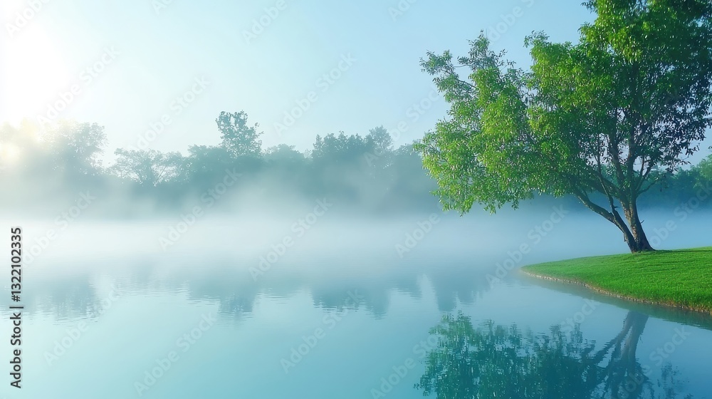 Obraz premium Soft, thick fog enveloping a serene landscape, adding depth and atmosphere to the scene with gentle haze.