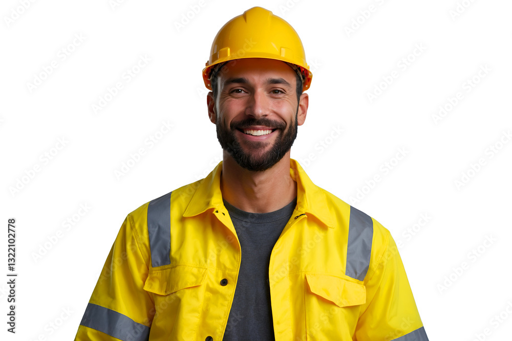 Smiling construction worker wearing a yellow reflective jacket and hard hat, isolated on transparent background Smiling construction worker wearing a yellow reflective jacket and hard hat, isolated on transparent background