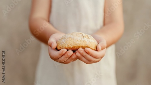 Close-up of a child dirty hands holding a piece of bread, against a backdrop of a crumbling wall, symbolizing hunger and poverty,