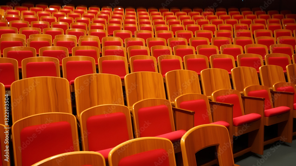 Fototapeta premium Empty Rows of Wooden Theater Seats with Red Cushions