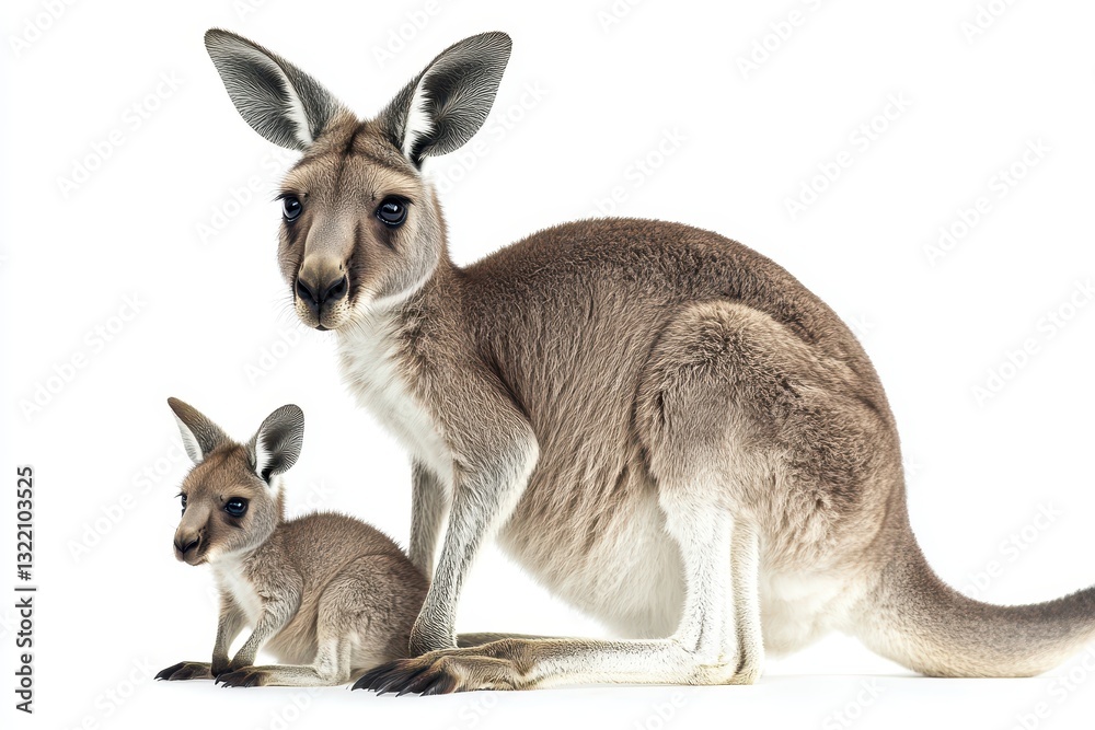 Kangaroo and Baby Kangaroo Standing Together on White Background Kangaroo and Baby Kangaroo Standing Together on White Background