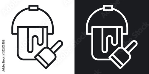 Paint bucket and paint brush icon set in black and white stroke lines