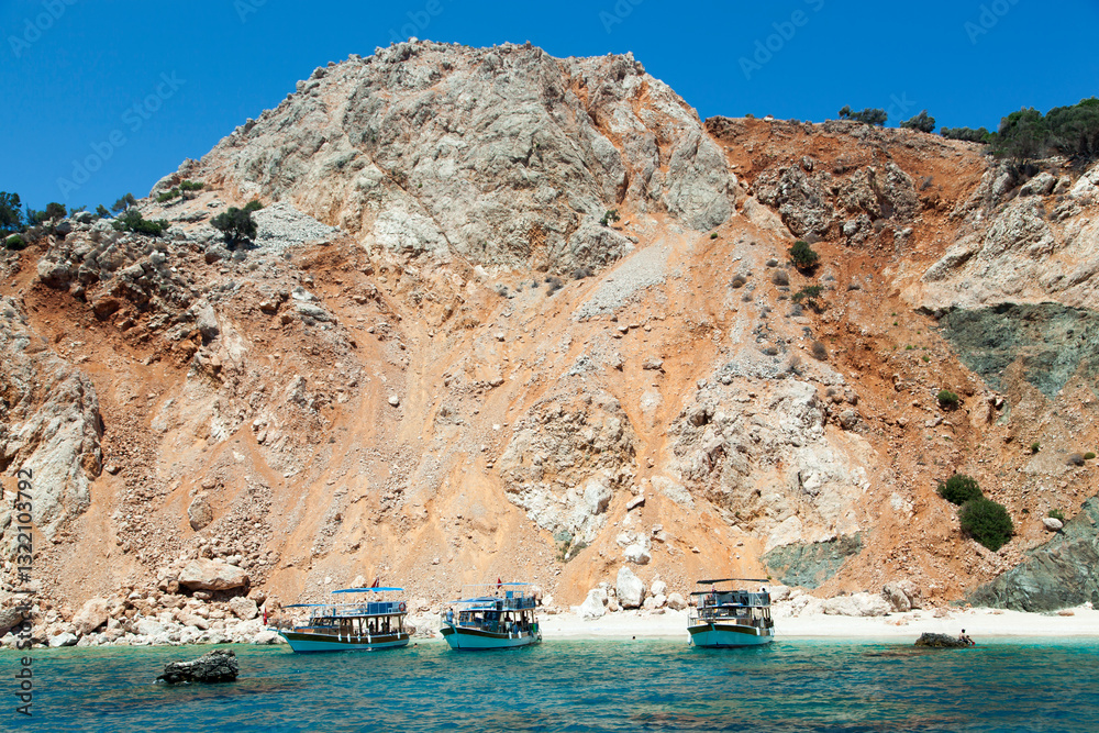 Antalya Province Suluada Island Colorful Beach With Tourist Boats