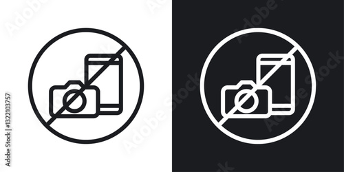 Photo and phone forbidden sign set in black and white stroke lines