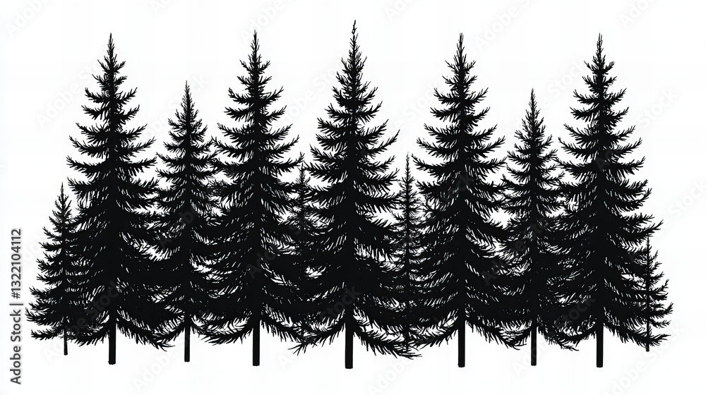 Fototapeta premium Misty pine forest with tall evergreen trees and soft morning light in a serene mountain landscape