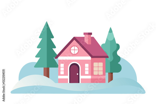 Charming Snow-Covered Pink House in Snowy Landscape Vector Illustration