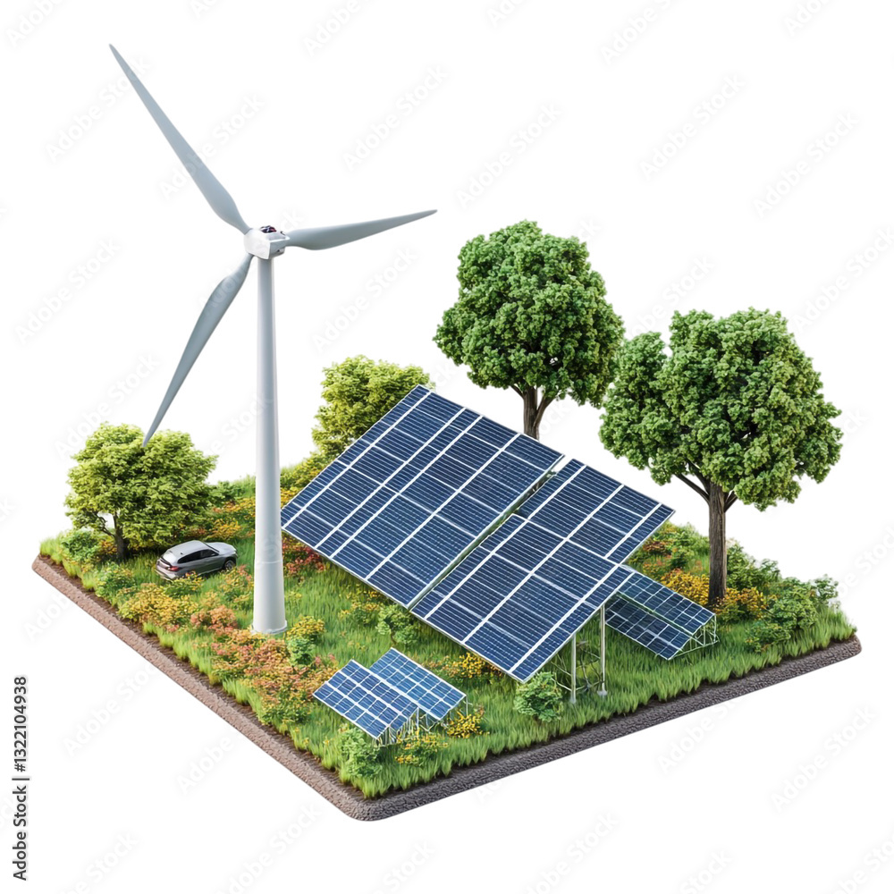 Green energy landscape sustainable future electric car wind turbine solar panels