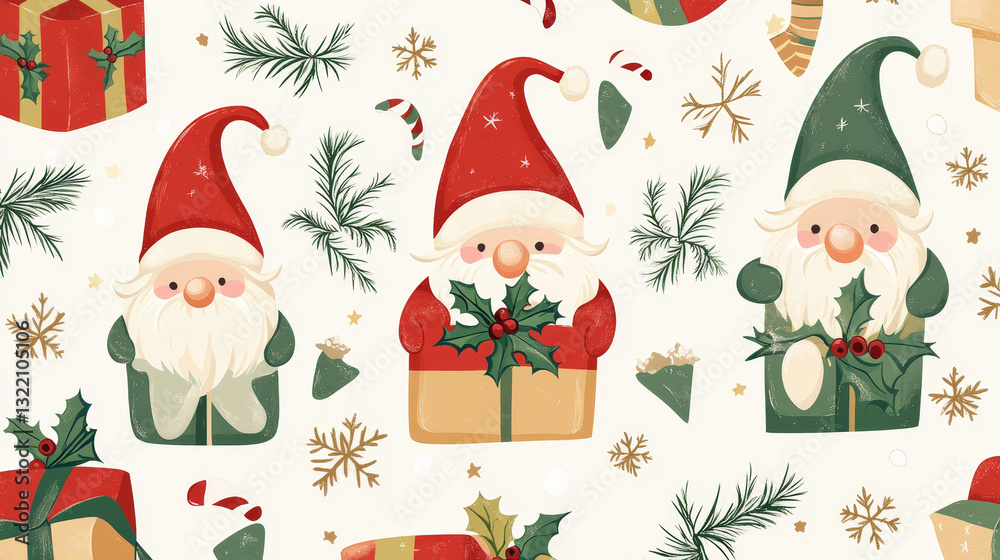 Gnomes seamless pattern. Funny christmas dwarfs and gifts, winter festive print children textile, wrapping paper, wallpaper vector texture. Present boxes, socks and holly berry plant branches Gnomes seamless pattern. Funny christmas dwarfs and gifts, winter festive print children textile, wrapping paper, wallpaper vector texture. Present boxes, socks and holly berry plant branches
