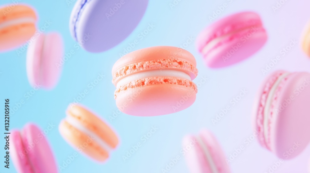 Obraz premium Vibrant floating macarons in pastel colors - confectionery design for dessert lovers