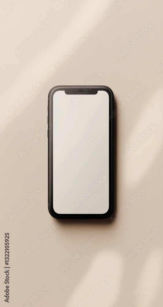 Black smartphone with blank white screen on beige background, soft light, top view