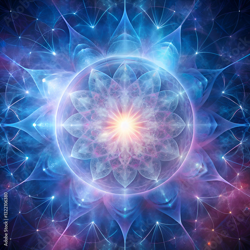 A glowing cosmic mandala with a vibrant flower design.