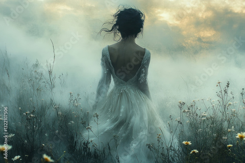 Wallpaper Mural a girl in a long airy dress, standing with her back to a thick fog in the middle of a wild field with wild flowers.   Torontodigital.ca