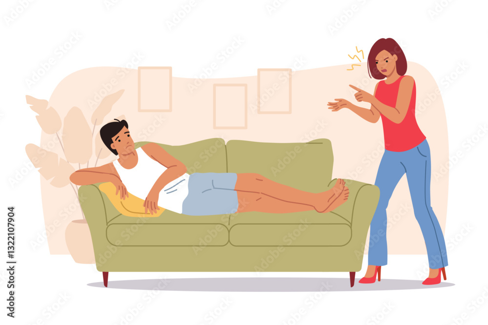 Family quarrel between wife screaming at lazy husband sitting on couch and refusing to go to work. Family quarrel with angry girl showing aggression and hatred towards fiance or boyfriend Family quarrel between wife screaming at lazy husband sitting on couch and refusing to go to work. Family quarrel with angry girl showing aggression and hatred towards fiance or boyfriend