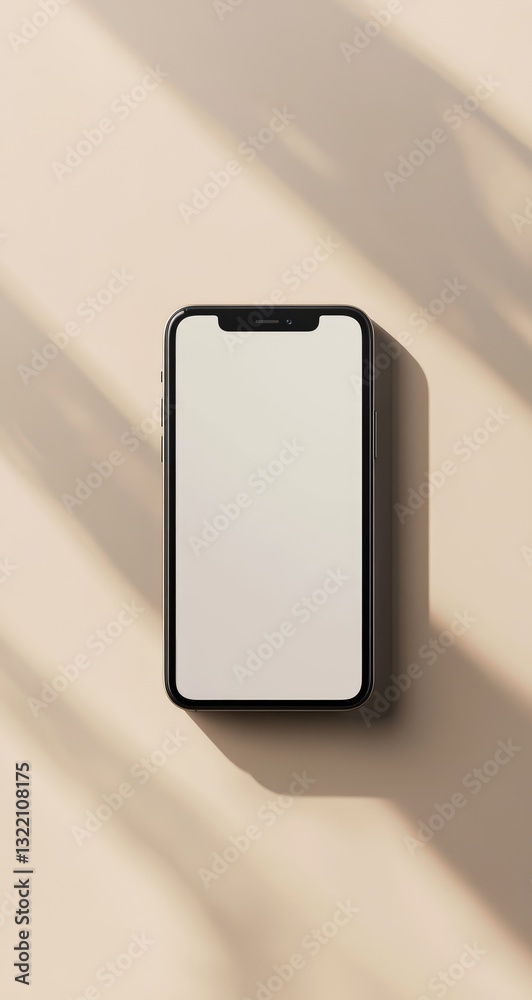 Smartphone with blank screen on beige background, illuminated by sunlight casting shadows Smartphone with blank screen on beige background, illuminated by sunlight casting shadows