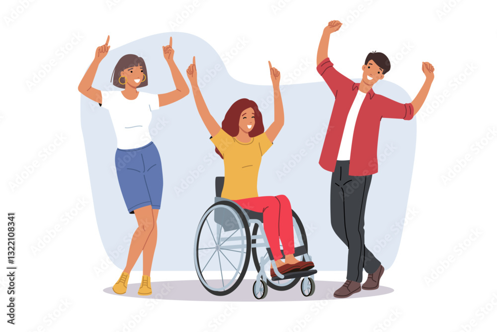 Woman in wheelchairs dances at disco with friends, leading active lifestyle despite limited capabilities. Girls in wheelchairs having fun and enjoying life demonstrating desire to live after accident