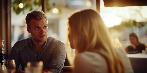 couple man and woman in their 30 discussing in light Italian bistro, both are happy and smiling on each other, stress free conversation of married couple
