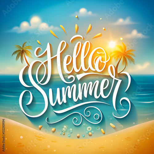 Hello Summer Beach Scene with Palm Trees and Sun