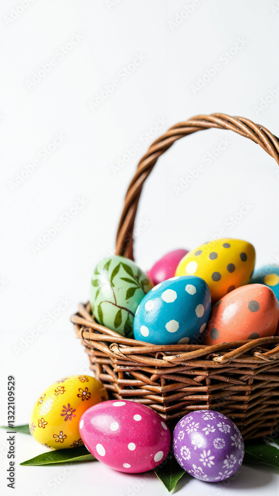 Vibrant Handmade Easter Eggs in Wicker Basket - Perfect for Seasonal Promotions, Greeting Cards, and Creative Projects Vibrant Handmade Easter Eggs in Wicker Basket - Perfect for Seasonal Promotions, Greeting Cards, and Creative Projects