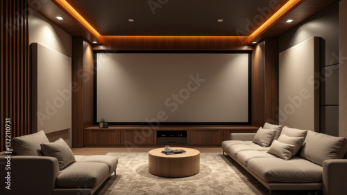 Modern living room with acoustically paneled wall and comfortable gray sofa.