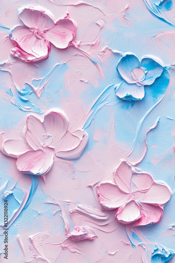 Naklejka premium 3D embossed oil painting of a floral pattern in pink and blue tones. Embossed oil painting of a charming small floral pattern.