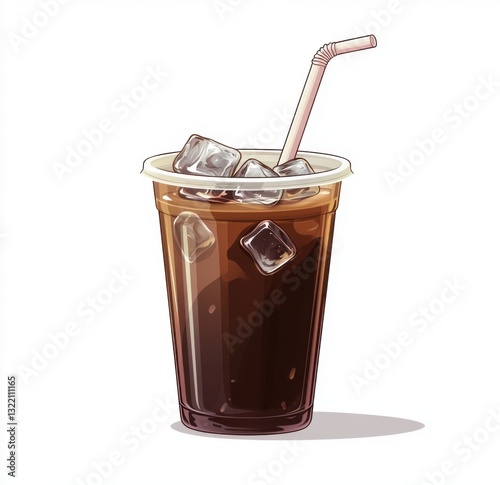 Iced coffee in a plastic cup with a straw and ice cubes, a vector illustration on a white background.